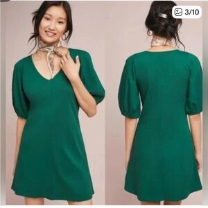 Velvet by Graham & Spencer Anthropologie Green Puff Sleeve V-neck Dress Cotton M